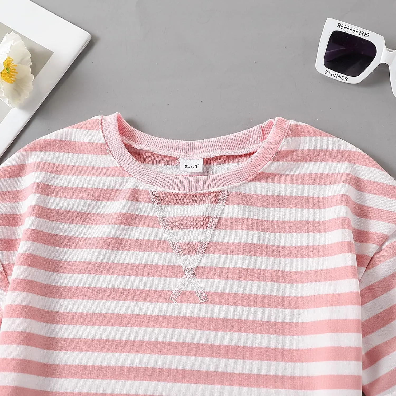 5-12 Years Girls Oversized Dropped Shoulders Sleeve Striped T Shirts Girls Summer Fall Crewneck Tops