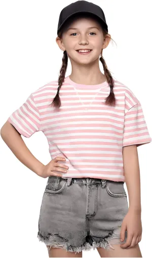 5-12 Years Girls Oversized Dropped Shoulders Sleeve Striped T Shirts Girls Summer Fall Crewneck Tops