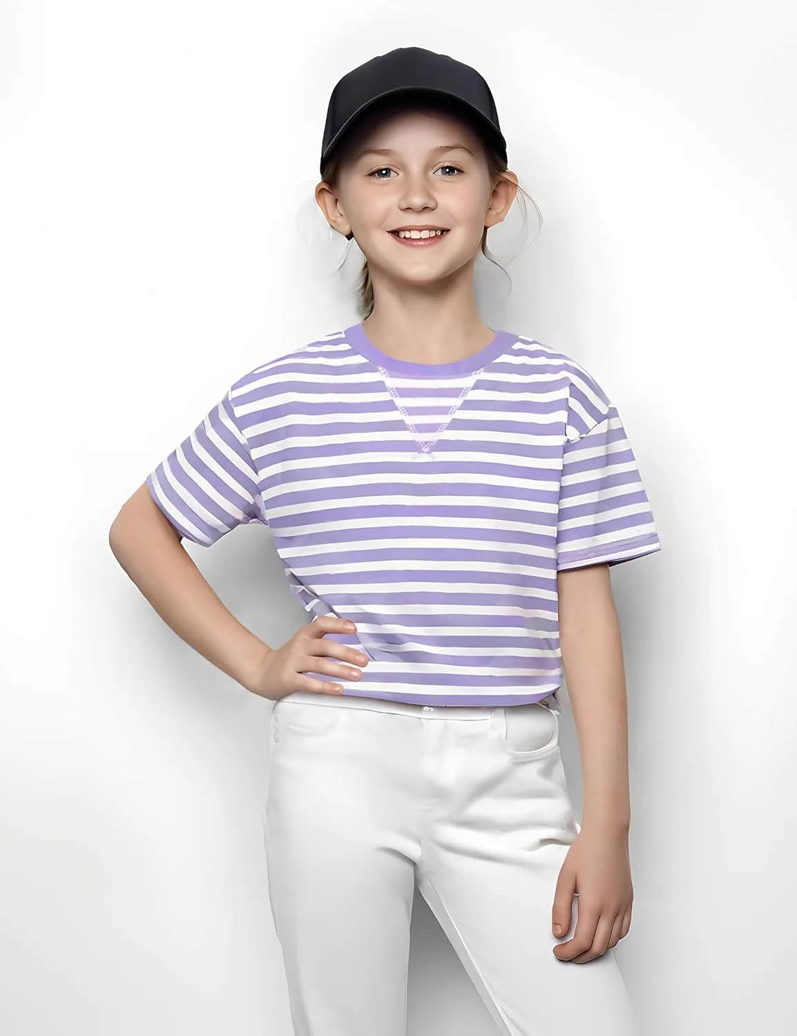 5-12 Years Girls Oversized Dropped Shoulders Sleeve Striped T Shirts Girls Summer Fall Crewneck Tops