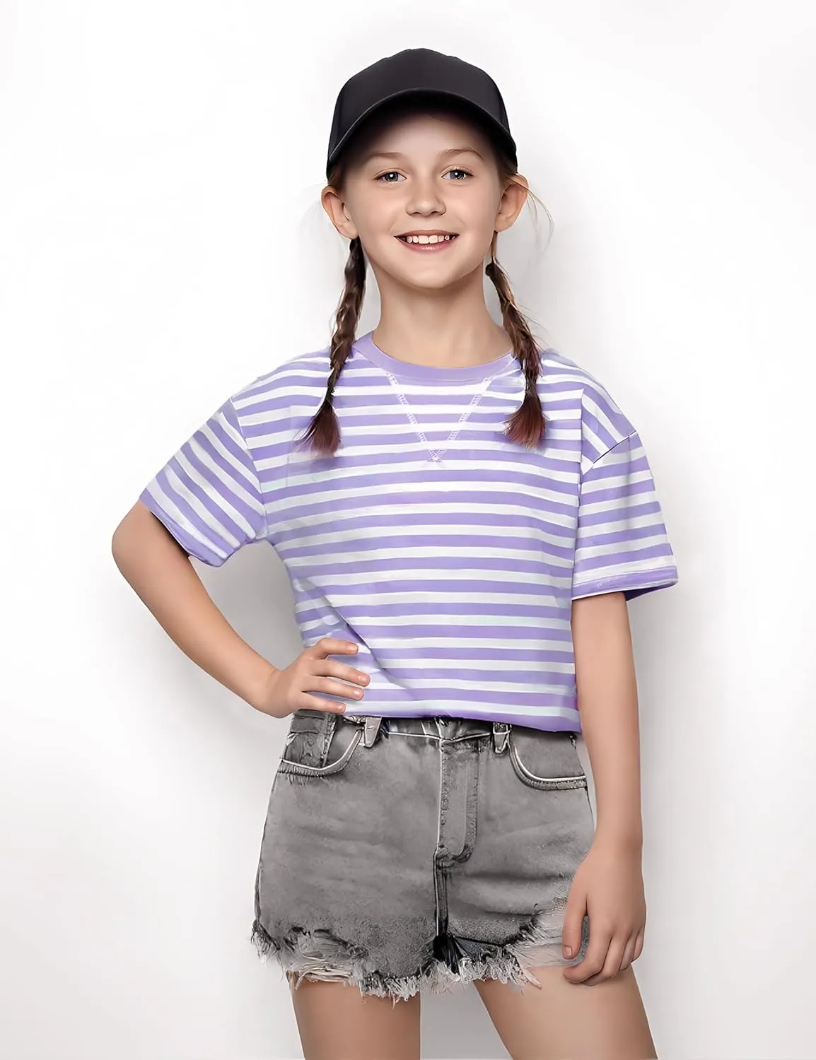 5-12 Years Girls Oversized Dropped Shoulders Sleeve Striped T Shirts Girls Summer Fall Crewneck Tops