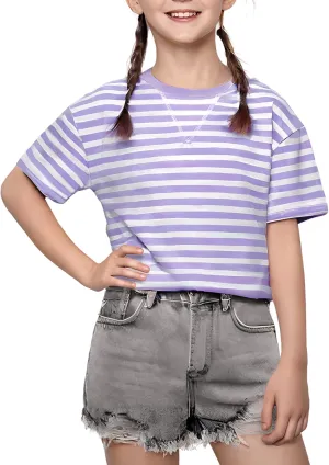 5-12 Years Girls Oversized Dropped Shoulders Sleeve Striped T Shirts Girls Summer Fall Crewneck Tops