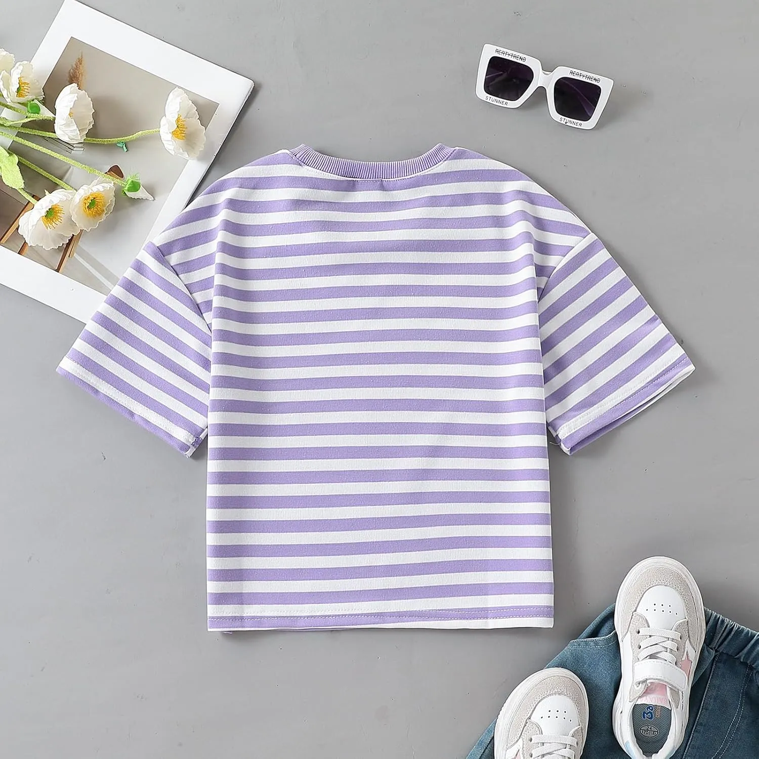 5-12 Years Girls Oversized Dropped Shoulders Sleeve Striped T Shirts Girls Summer Fall Crewneck Tops