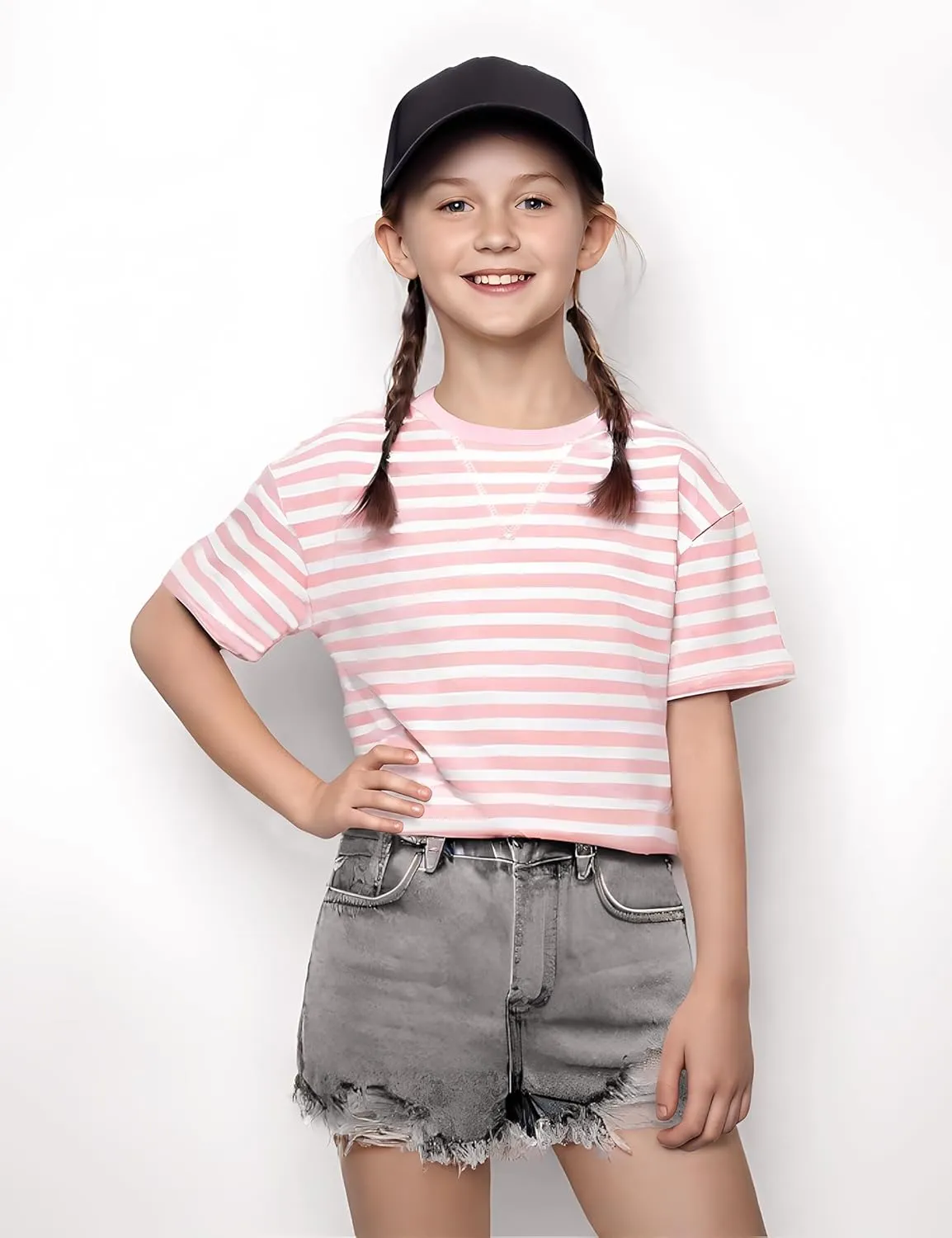 5-12 Years Girls Oversized Dropped Shoulders Sleeve Striped T Shirts Girls Summer Fall Crewneck Tops