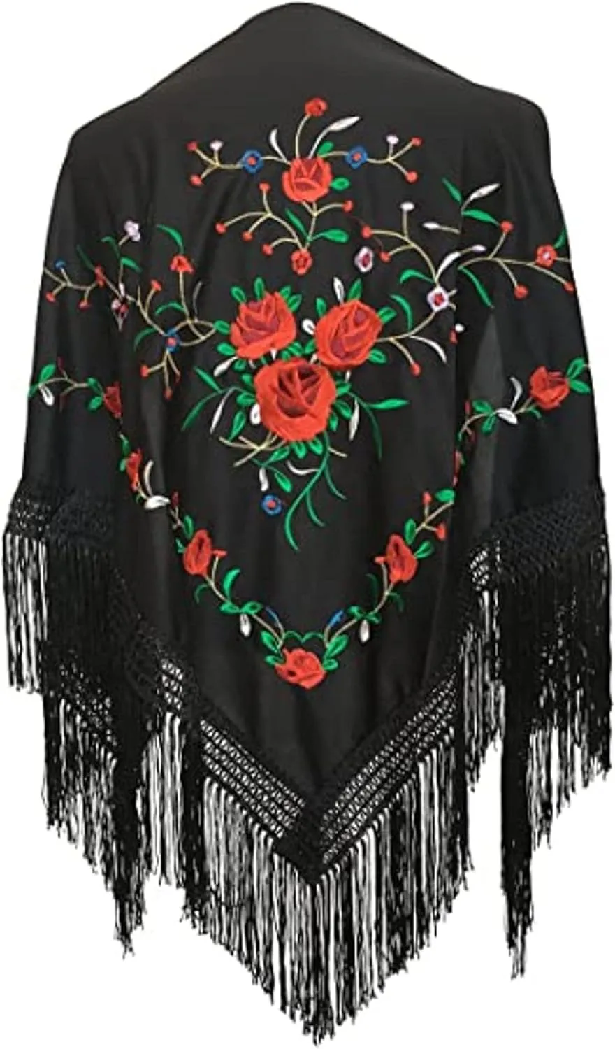 AMINA Medium Peak Shawl Triangular Flamingo or Sevillanas (170 x 70 cm) Black Embroidered Red/Green
