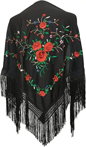 AMINA Medium Peak Shawl Triangular Flamingo or Sevillanas (170 x 70 cm) Black Embroidered Red/Green