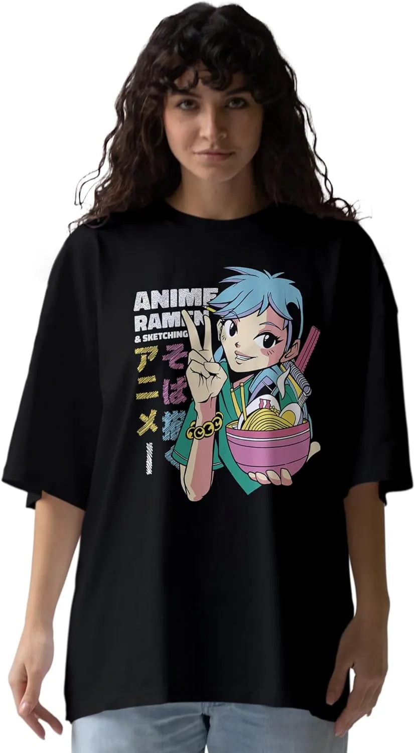 Anime Ramen Sketching Trendy Oversized T-Shirts for Women, Cotton T-Shirts, Perfect for Casual Wear | WB.6.21