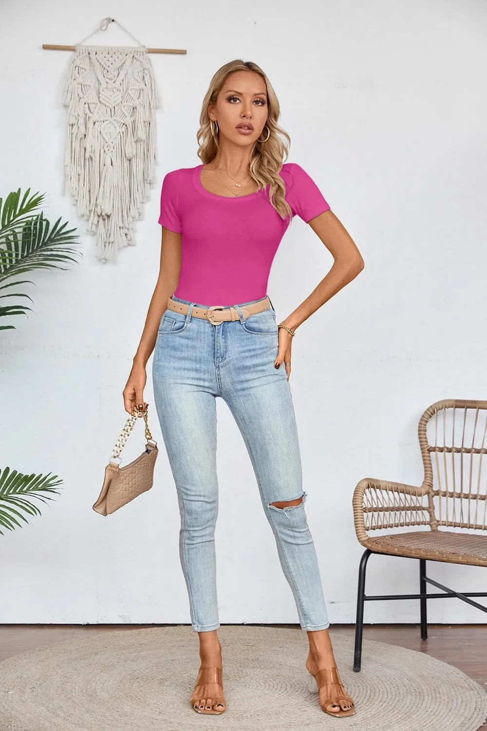 Areecin Womens Summer Tops Square Neck Cute Short Sleeve Going Out Tops Ribbed Knit Tee Tshirt