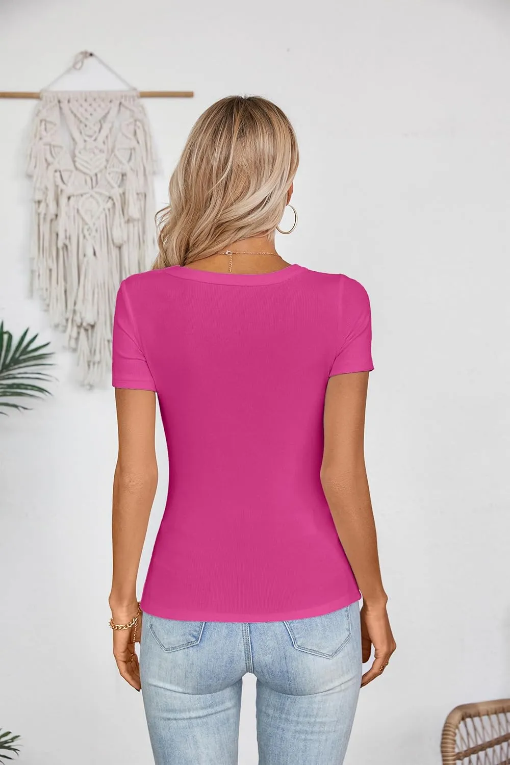 Areecin Womens Summer Tops Square Neck Cute Short Sleeve Going Out Tops Ribbed Knit Tee Tshirt