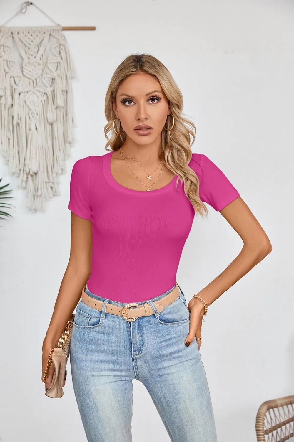 Areecin Womens Summer Tops Square Neck Cute Short Sleeve Going Out Tops Ribbed Knit Tee Tshirt