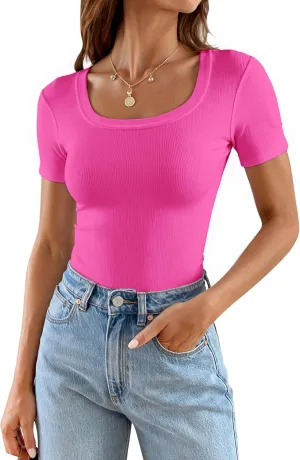 Areecin Womens Summer Tops Square Neck Cute Short Sleeve Going Out Tops Ribbed Knit Tee Tshirt