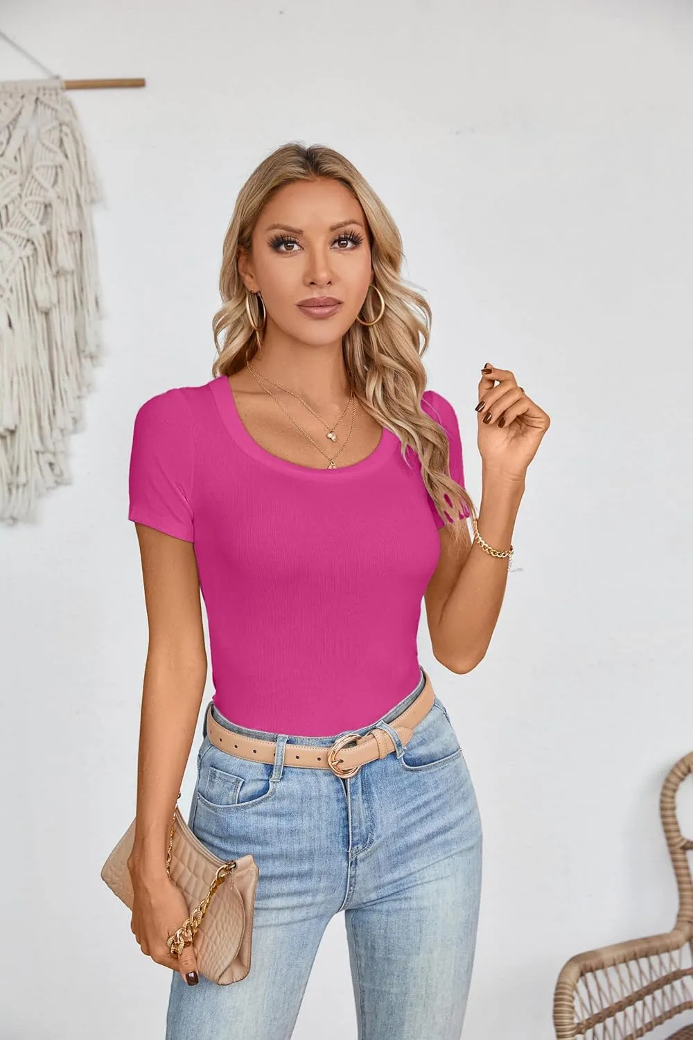 Areecin Womens Summer Tops Square Neck Cute Short Sleeve Going Out Tops Ribbed Knit Tee Tshirt