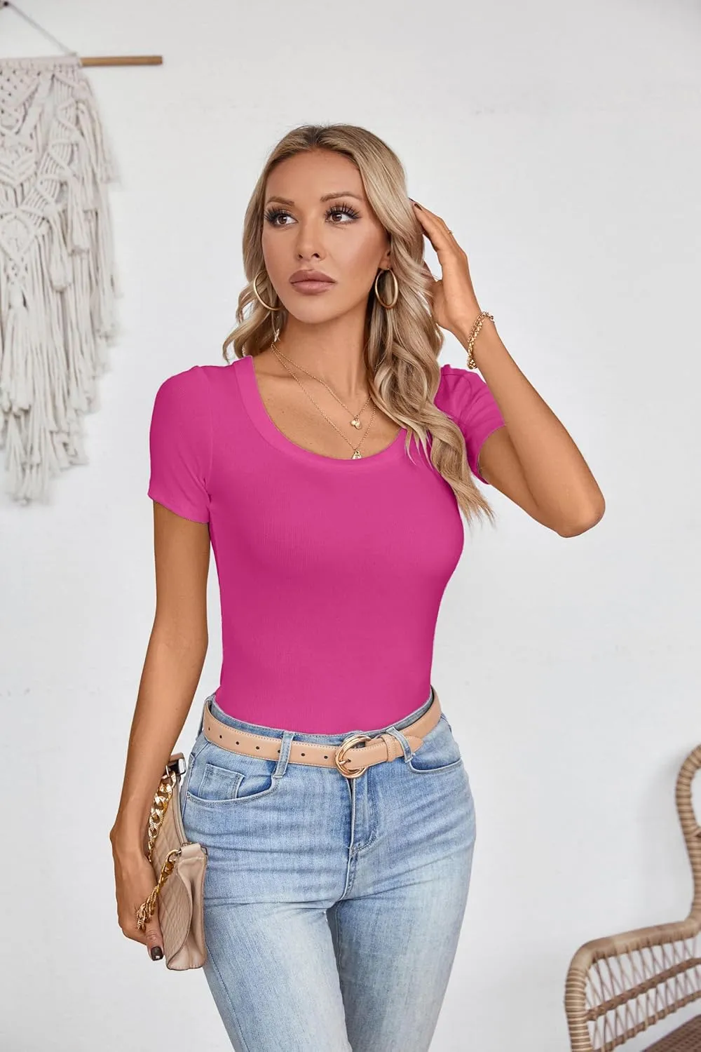 Areecin Womens Summer Tops Square Neck Cute Short Sleeve Going Out Tops Ribbed Knit Tee Tshirt