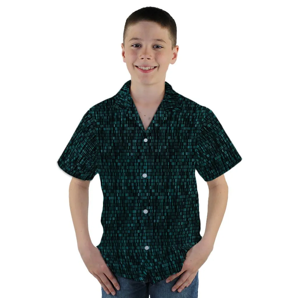 Binary Computer 1s and 0s Teal Black Youth Hawaiian Shirt
