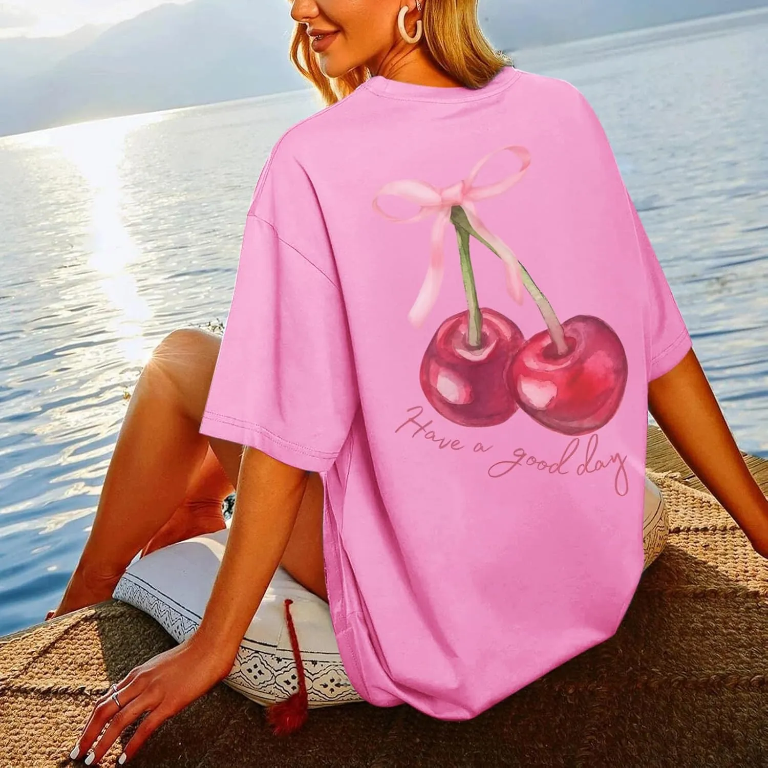BINTEHGS Oversized Graphic Tees for Women Trendy Cherry Printed Shirt Cute Summer Aesthetic Cotton Tshirts Tops for Teens