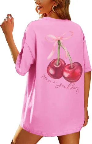 BINTEHGS Oversized Graphic Tees for Women Trendy Cherry Printed Shirt Cute Summer Aesthetic Cotton Tshirts Tops for Teens