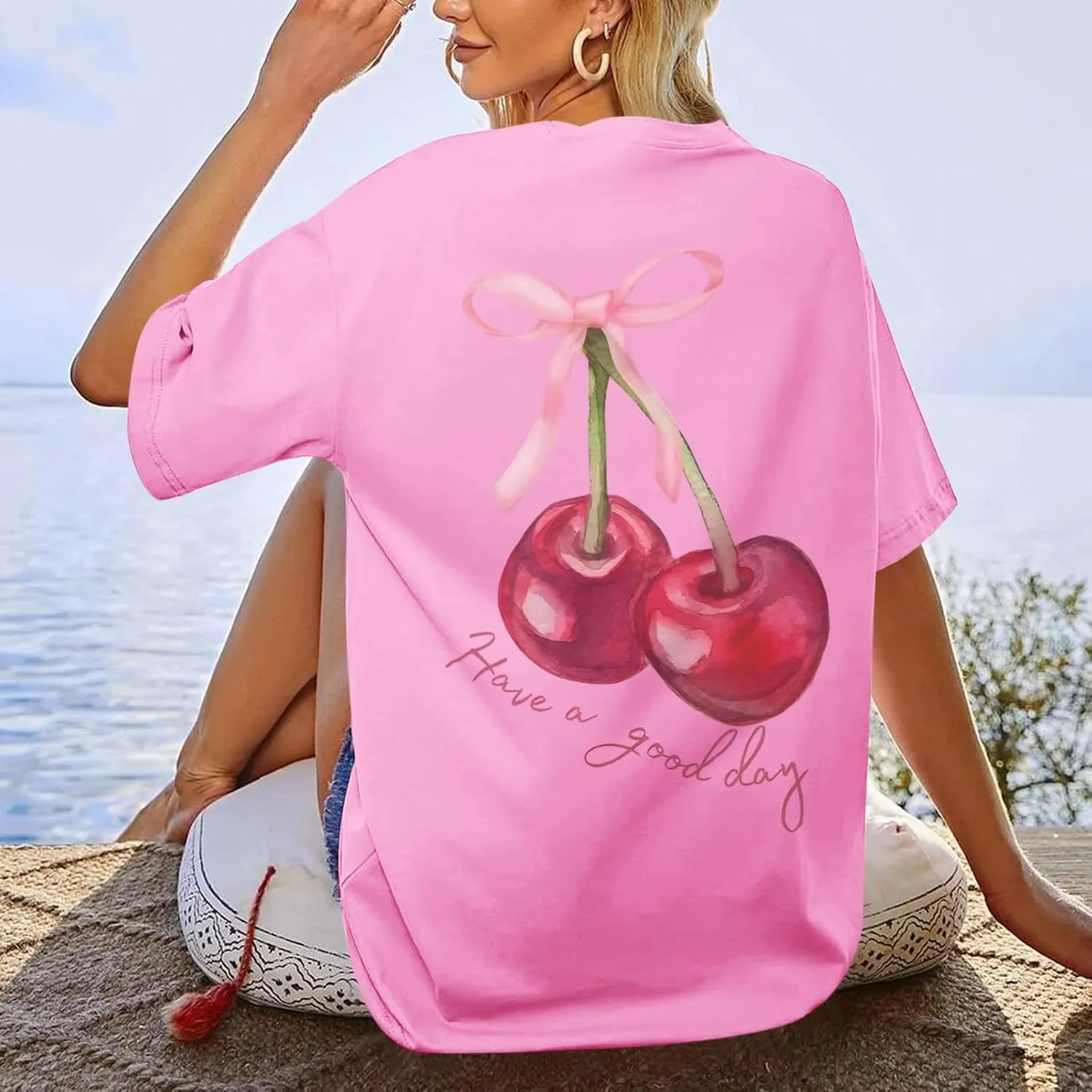 BINTEHGS Oversized Graphic Tees for Women Trendy Cherry Printed Shirt Cute Summer Aesthetic Cotton Tshirts Tops for Teens
