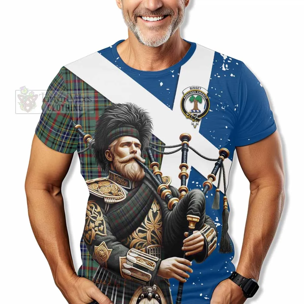Bisset Tartan T-Shirt with Family Crest Scottish Bagpiper Vibes