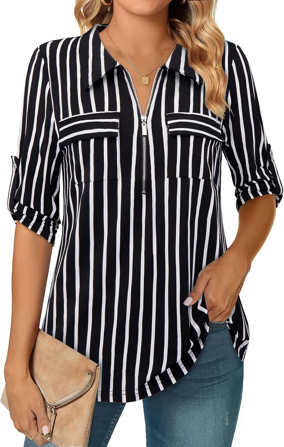Bulotus Women's 3/4 Sleeve Collared Blouses Business Casual Zip Front V Neck Loose Fit Tunic Tops