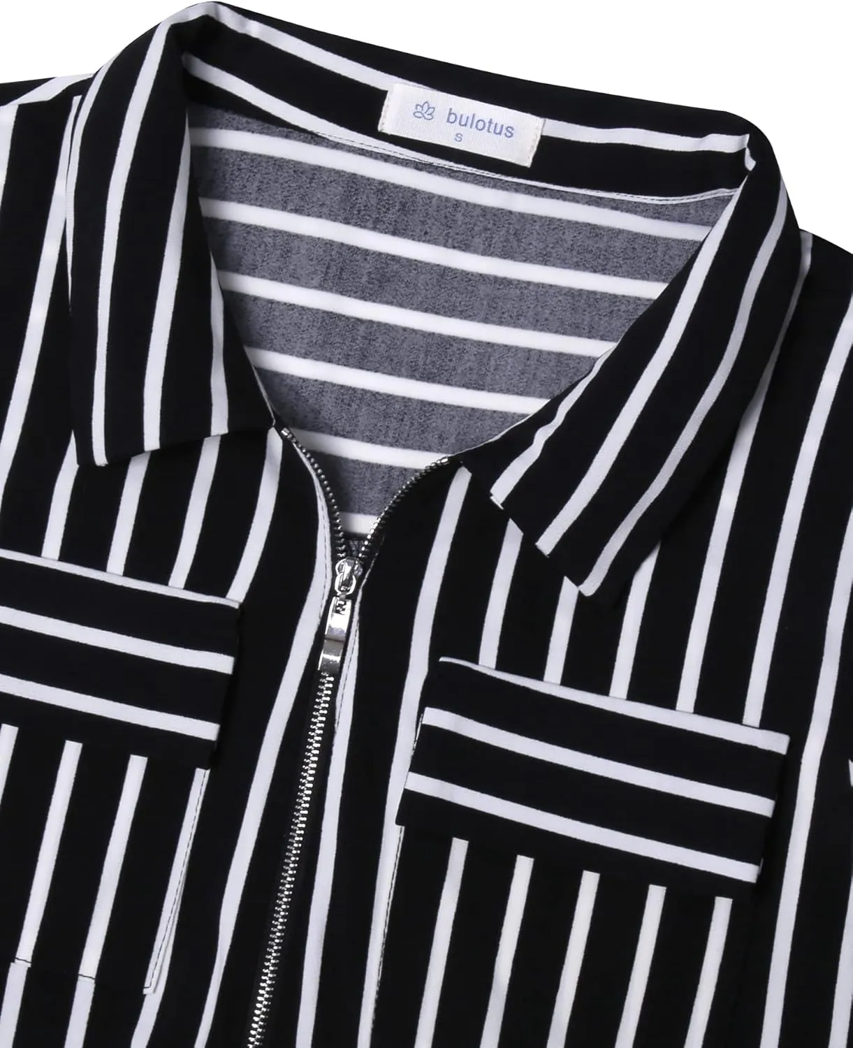 Bulotus Women's 3/4 Sleeve Collared Blouses Business Casual Zip Front V Neck Loose Fit Tunic Tops