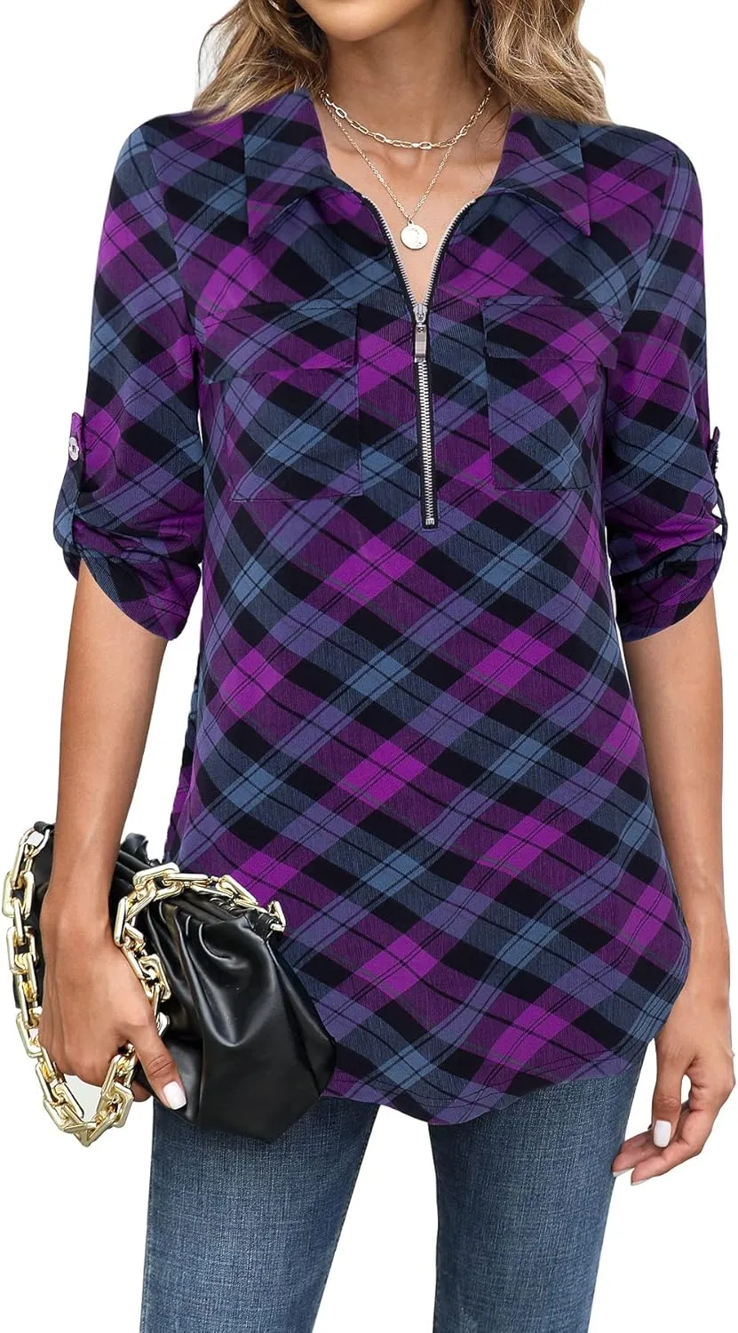 Bulotus Women's 3/4 Sleeve Collared Blouses Business Casual Zip Front V Neck Loose Fit Tunic Tops
