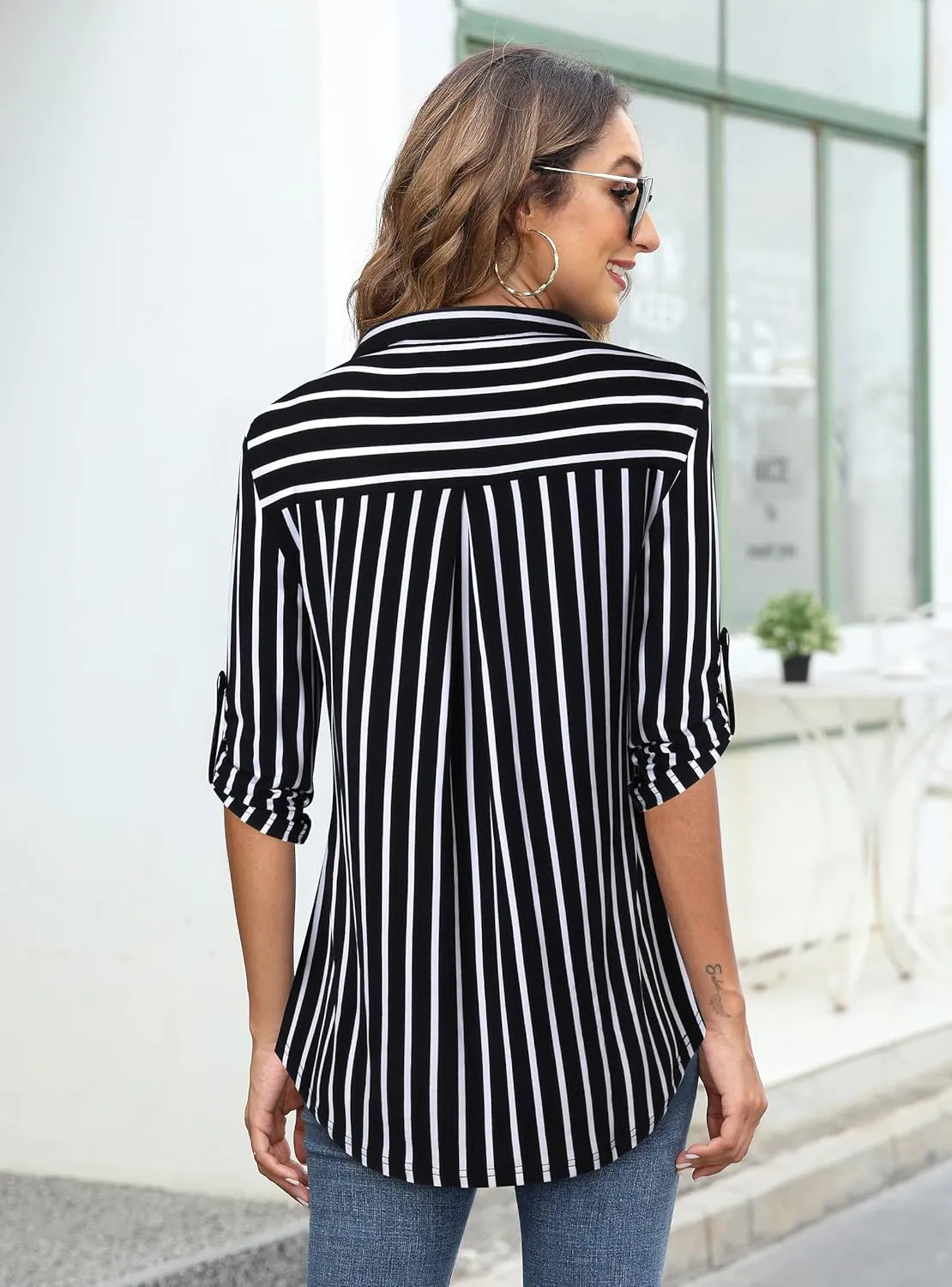 Bulotus Women's 3/4 Sleeve Collared Blouses Business Casual Zip Front V Neck Loose Fit Tunic Tops