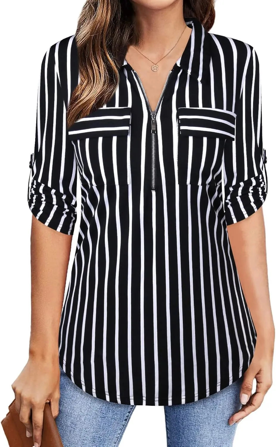 Bulotus Women's 3/4 Sleeve Collared Blouses Business Casual Zip Front V Neck Loose Fit Tunic Tops
