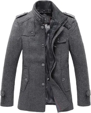chouyatou Men's Stand Collar Wool-Blend Classic Pea Coat with Removable Inner Collar (Medium, Gray)