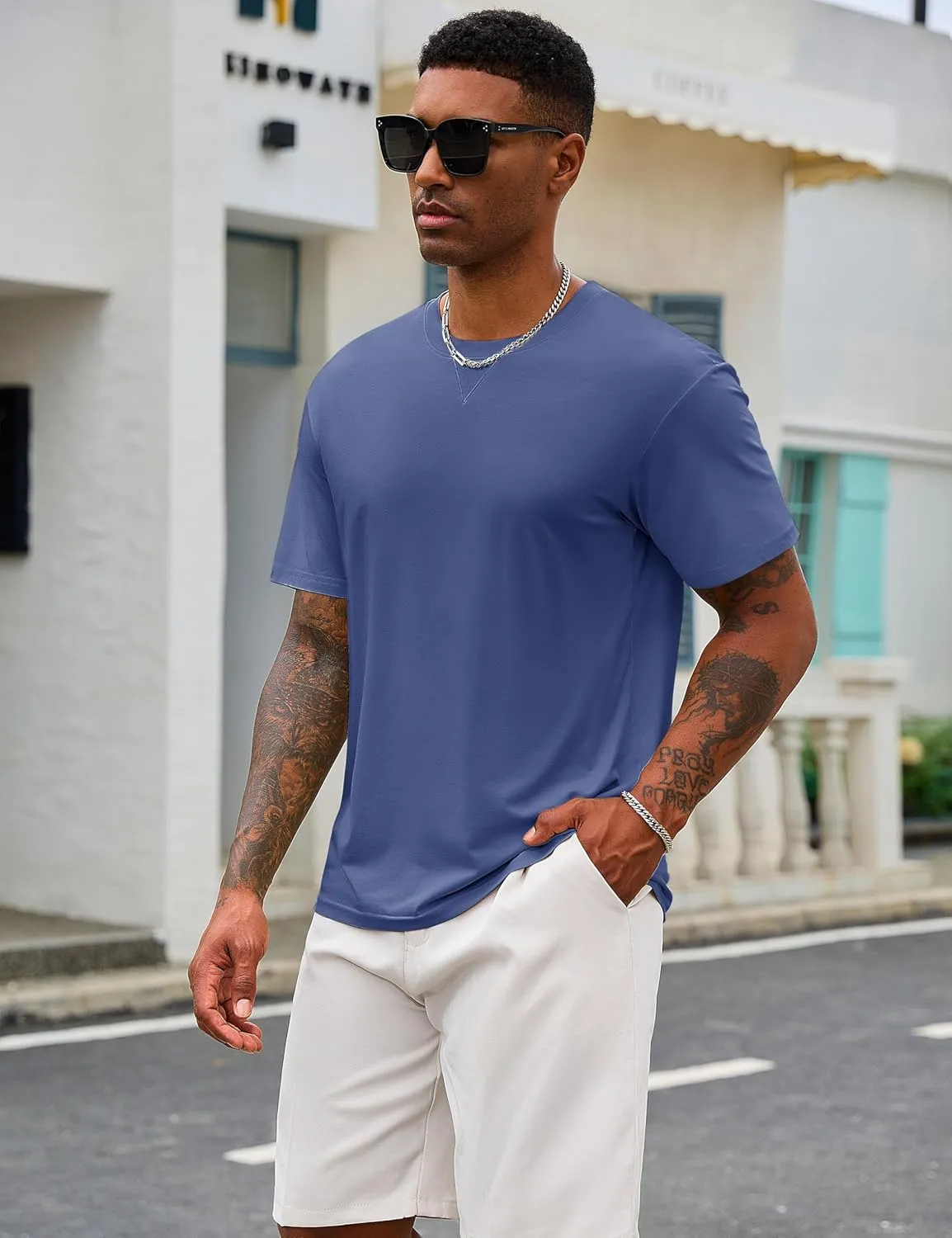Cotrasen Mens T-Shirts Cotton UPF 50  Drop Shoulder Short Sleeve Tshirts Summer Casual Crew Neck Soft Loose Fit Tee Shirts