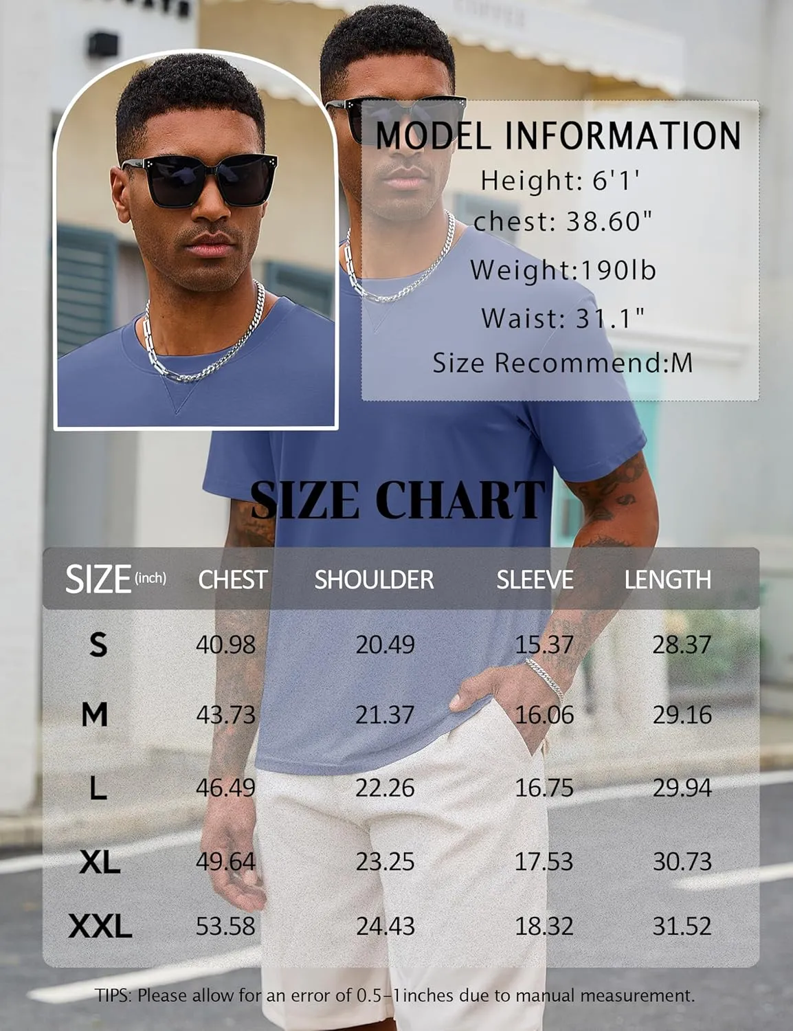 Cotrasen Mens T-Shirts Cotton UPF 50  Drop Shoulder Short Sleeve Tshirts Summer Casual Crew Neck Soft Loose Fit Tee Shirts