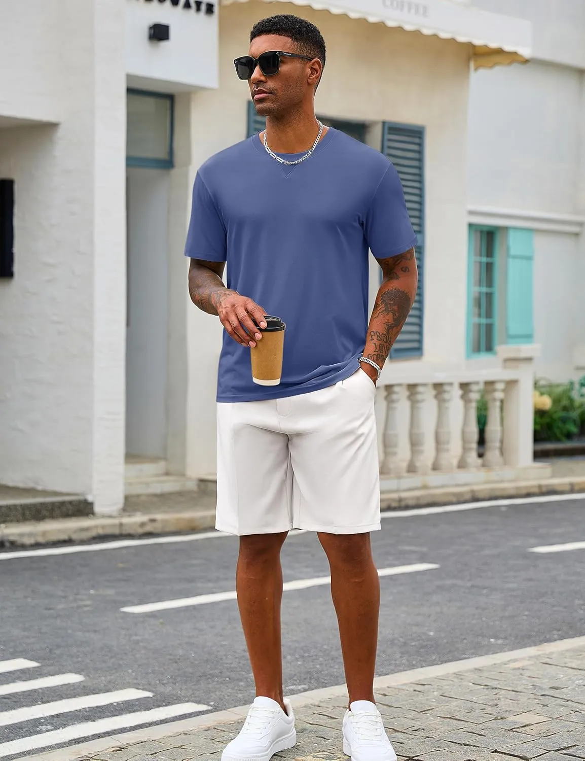 Cotrasen Mens T-Shirts Cotton UPF 50  Drop Shoulder Short Sleeve Tshirts Summer Casual Crew Neck Soft Loose Fit Tee Shirts