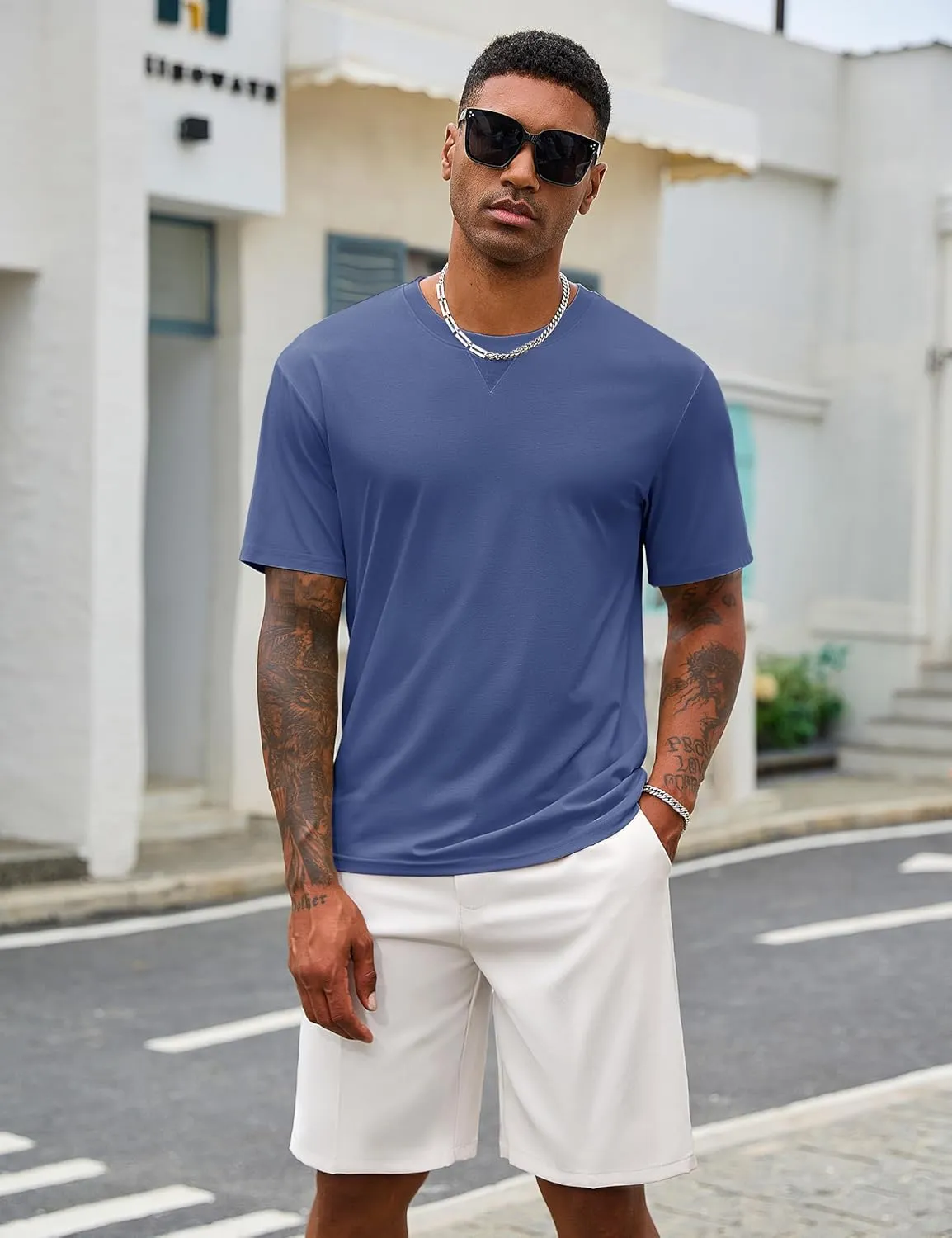 Cotrasen Mens T-Shirts Cotton UPF 50  Drop Shoulder Short Sleeve Tshirts Summer Casual Crew Neck Soft Loose Fit Tee Shirts