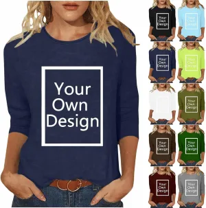Custom 3/4 Sleeve T Shirts for Women Design Your Own Shirt Add Text/Image/Logo Personalized Tee Printed Photo Front