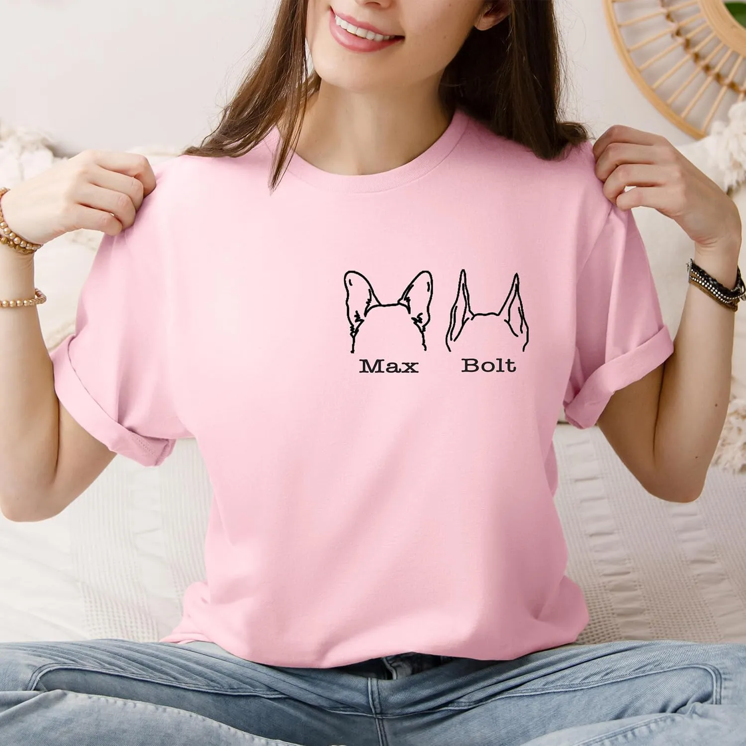 Custom Dog Mom Shirt for Women, Personalized Pet Name Tee, Custom Dog Breeds Graphic Tee, Dog Lover Gift for Dog Moms and Grandmas, Unique Dog Ears T-Shirt, New Dog Owner Outfit, Funny Dog Mama Sweatshirt for Special Occasions (A1) T-Shirt)