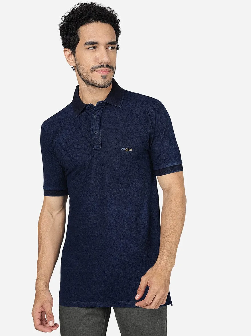 Dark Blue Solid Slim Fit Polo T-Shirt | JadeBlue