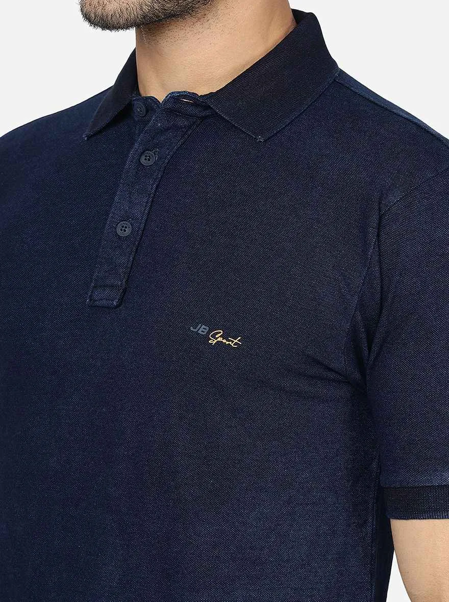 Dark Blue Solid Slim Fit Polo T-Shirt | JadeBlue