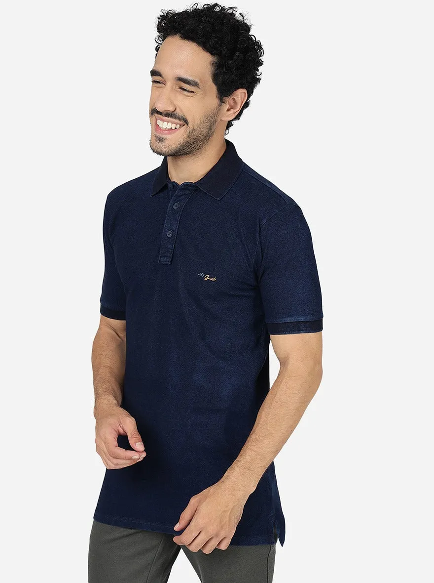 Dark Blue Solid Slim Fit Polo T-Shirt | JadeBlue