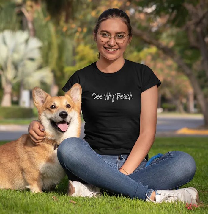 Dee Why Beach White Text Logo Ladies T-Shirt (Black)