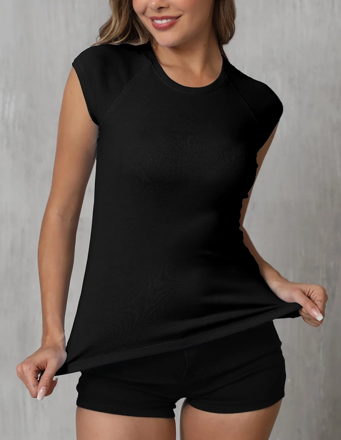 Dwnval Womens Crew Neck Cap Raglan Sleeve Shirts Slim Fit Ribbed Knited Crop Tops 2025 Spring Summer
