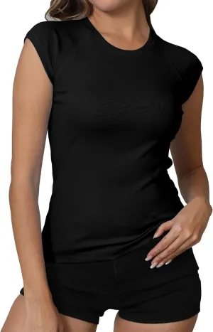 Dwnval Womens Crew Neck Cap Raglan Sleeve Shirts Slim Fit Ribbed Knited Crop Tops 2025 Spring Summer