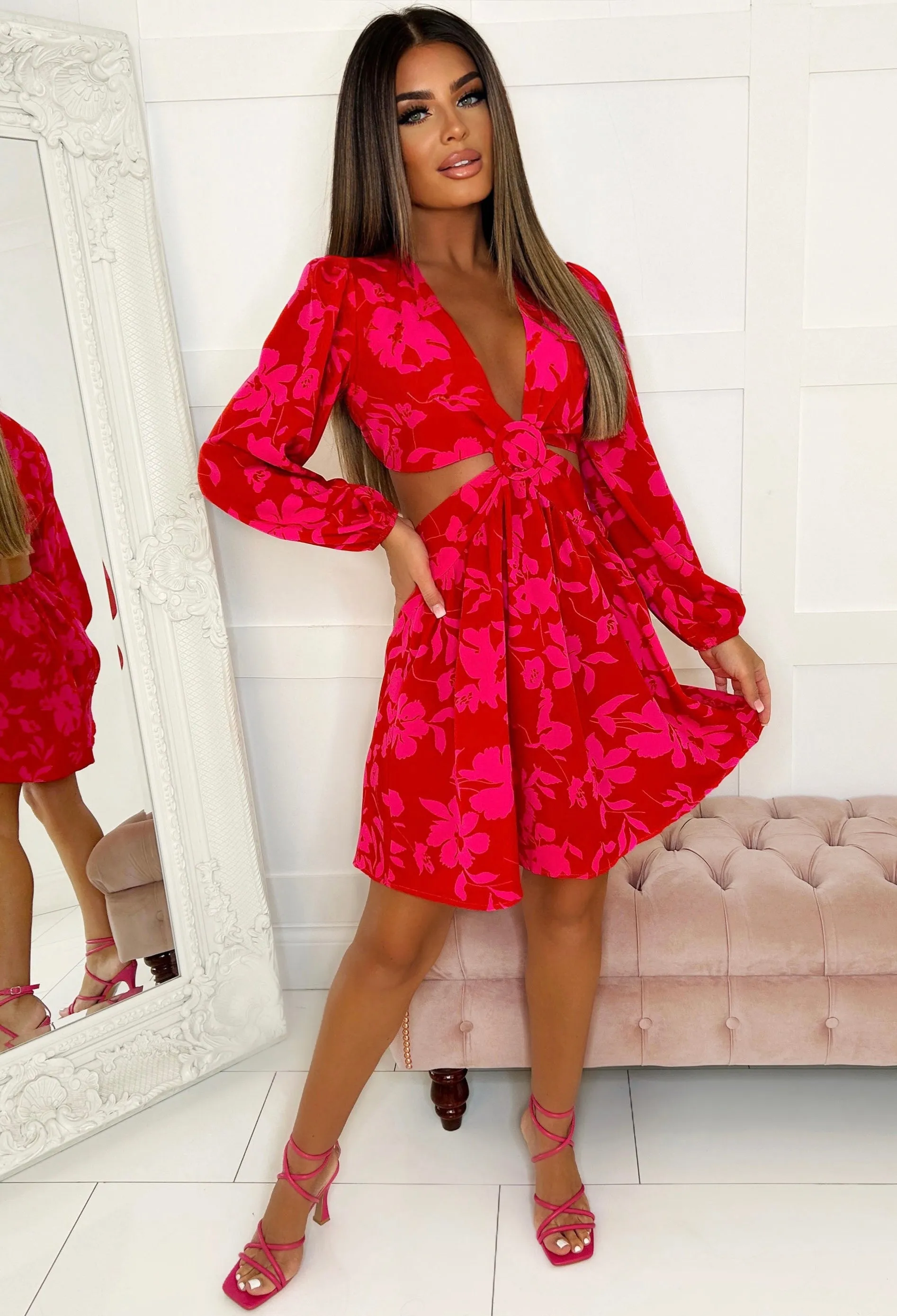 Flirty Florals Red Floral Cut Out Mini Dress