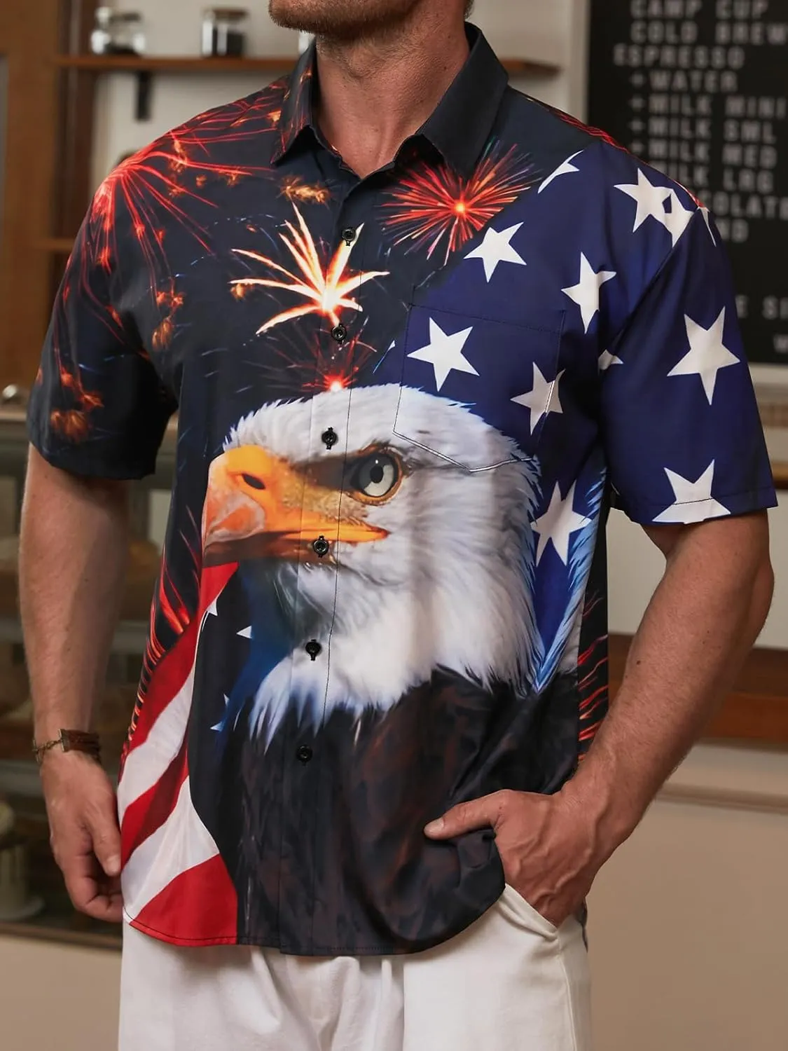 Hardaddy Men's Gongfu Rooster Chest Pocket Printed Short Sleeve Button Down Summer Casual Shirt