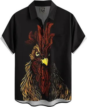 Hardaddy Men's Gongfu Rooster Chest Pocket Printed Short Sleeve Button Down Summer Casual Shirt