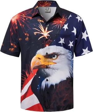 Hardaddy Men's Gongfu Rooster Chest Pocket Printed Short Sleeve Button Down Summer Casual Shirt