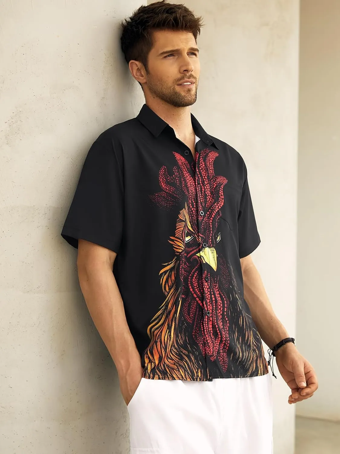 Hardaddy Men's Gongfu Rooster Chest Pocket Printed Short Sleeve Button Down Summer Casual Shirt