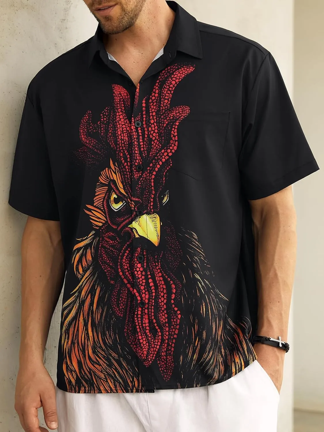 Hardaddy Men's Gongfu Rooster Chest Pocket Printed Short Sleeve Button Down Summer Casual Shirt