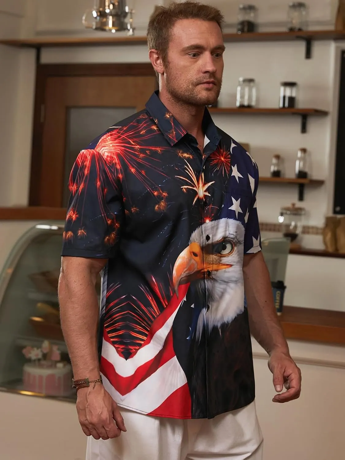 Hardaddy Men's Gongfu Rooster Chest Pocket Printed Short Sleeve Button Down Summer Casual Shirt