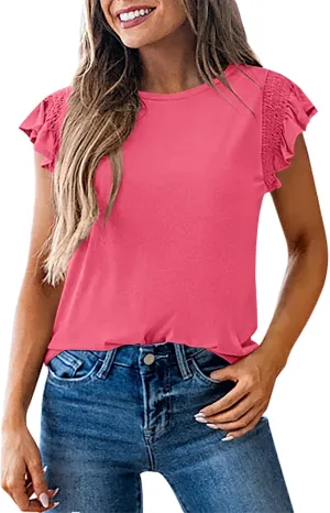KIRUNDO Womens Tops 2025 Spring Fashion Ruffle Cap Sleeve Casual T Shirts Summer Crewneck Basic Tee Cute Blouses Clothing