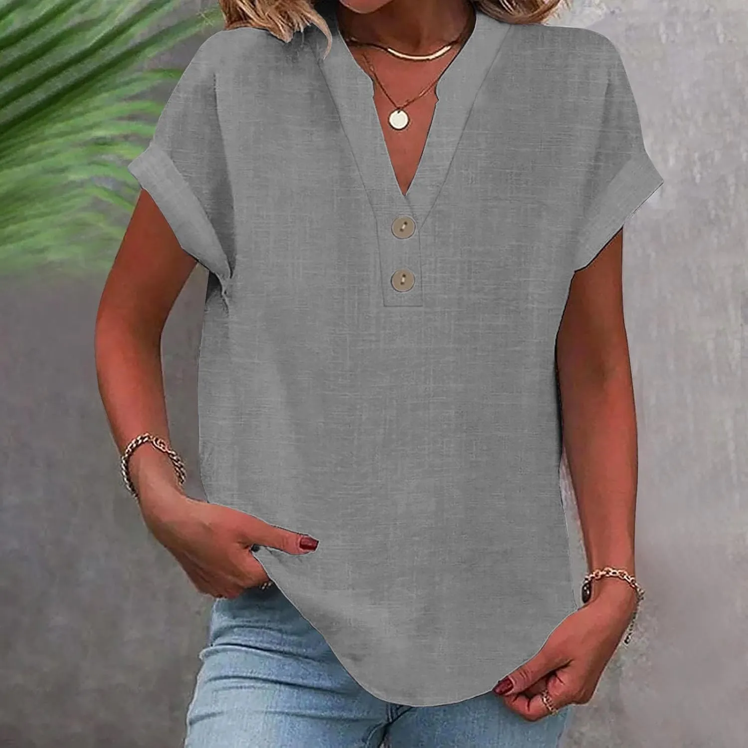 Linen Tops for Women Loose Fit Gauze Short Sleeve Plus Size Shirts Summer Button V Neck Casual Dressy Blouses