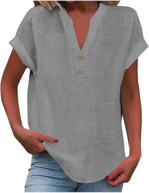 Linen Tops for Women Loose Fit Gauze Short Sleeve Plus Size Shirts Summer Button V Neck Casual Dressy Blouses
