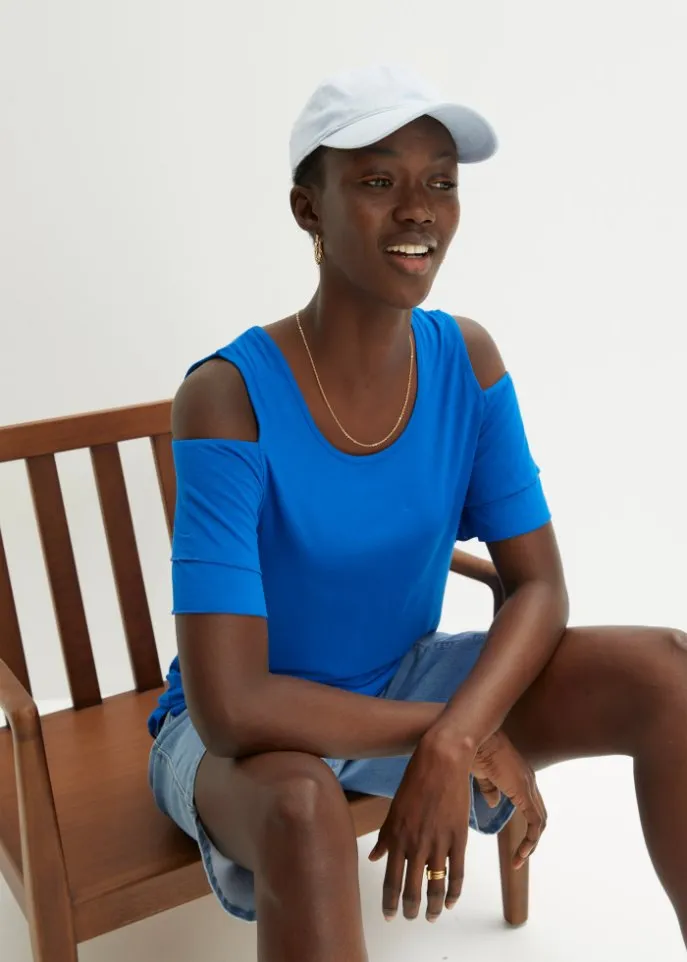 Long shirt with short sleeves and cutouts Bpc Bonprix Collection, blue